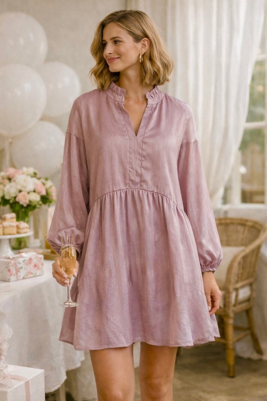 ICHI Mauve Puff Sleeve Mini Party Dress — L Ruffle Collar Soft Romantic Cottage
